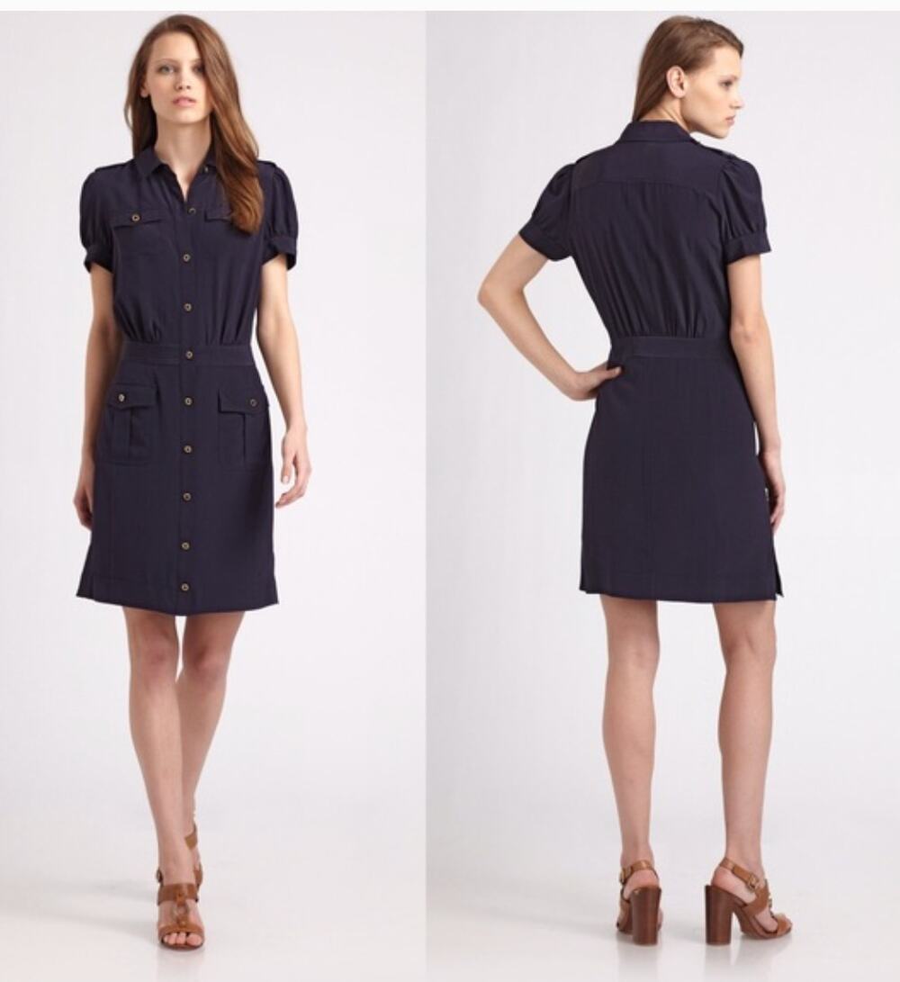 TORY BURCH Black Gennifer Military Utility 100% Silk Mini Dress Women's Size 14